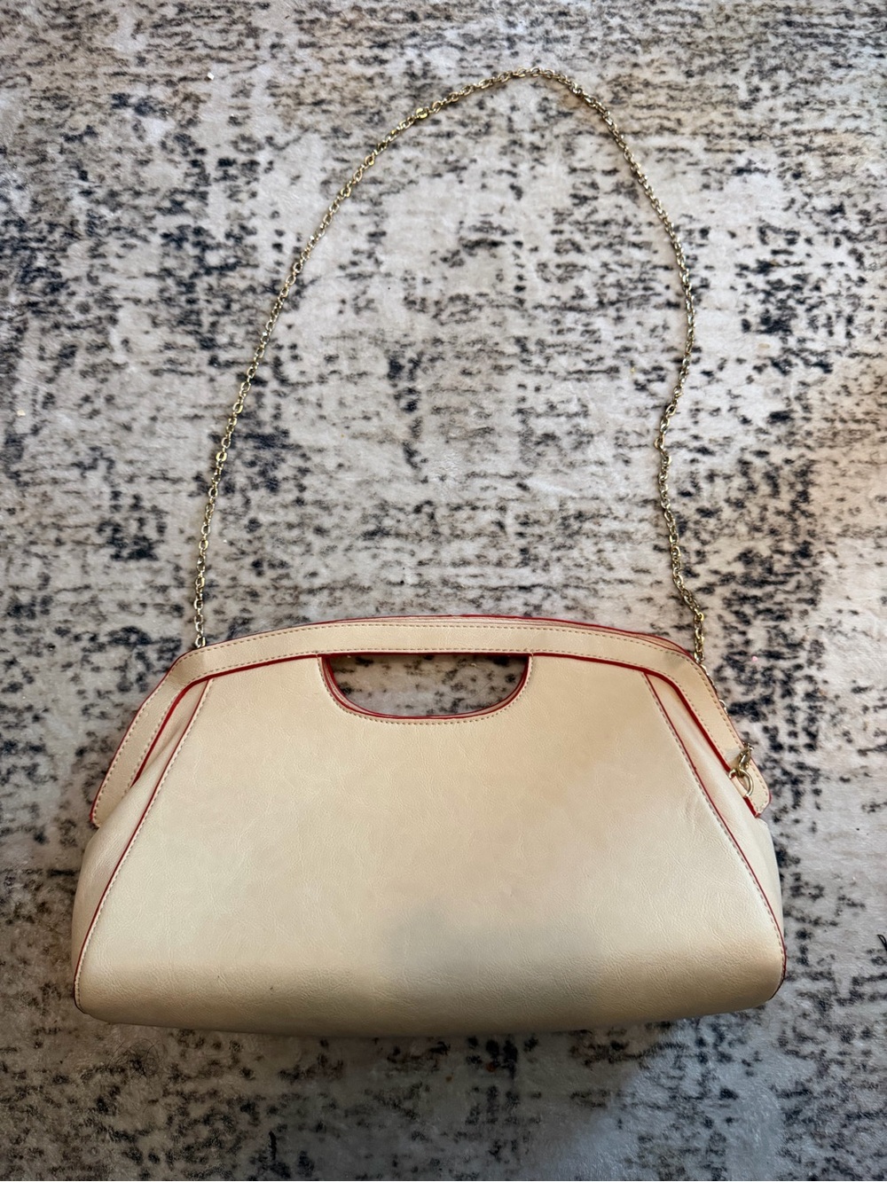 Cream Leather Clutch with Gold Chain and Red Piping